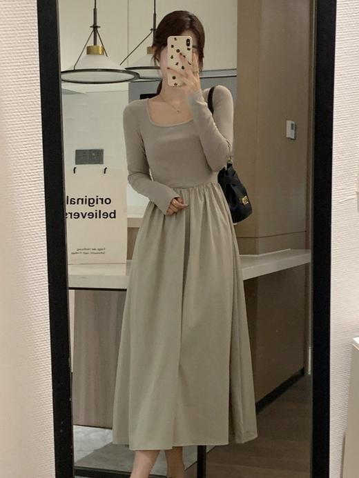 【赫本风法式方领长袖连衣裙】春秋高级感气质收腰内搭大摆打底长裙 商品图5