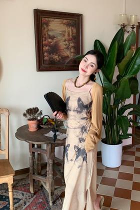 ANSUABEL 浅棕水墨画吊带开衫两件套 18575