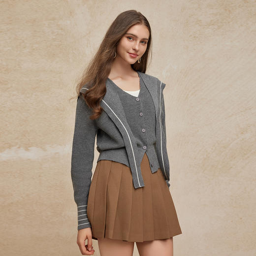 PG632斯尔丽2024秋季新款V领时尚拼色开衫外套可脱卸围巾式披肩针织 商品图8