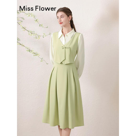 勿忘花绿色法式拼接衬衫连衣裙女早秋2024新款秋季新中式国风裙子 商品图0