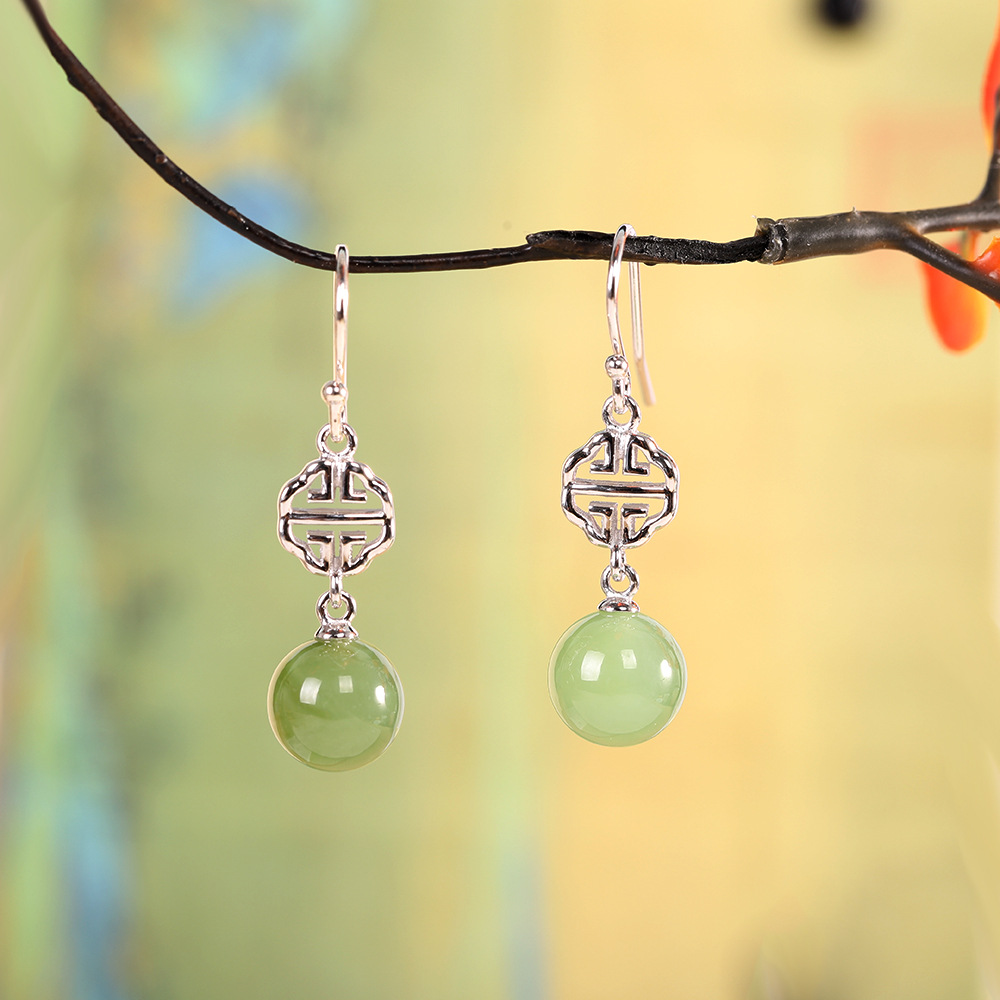 【清风沉醉】S925银镶嵌天然和田碧玉圆珠耳饰【RP-ez011192】