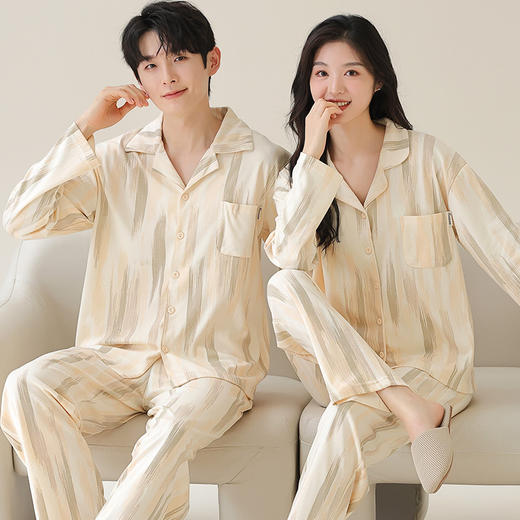 舒适情侣睡衣女 长袖长裤开衫睡衣套装 春秋季2024新款 男士大码可外穿家居服套装 商品图3