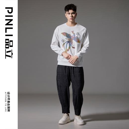 PINLI品立2024秋季新款凤凰彩钻套头卫衣国潮休闲宽松圆领男上衣BG243109010 商品图2
