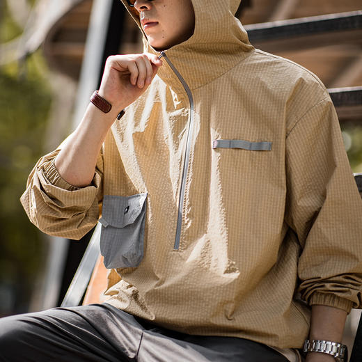 工装优选山系户外半拉链套头卫衣夹克宽松撞色薄款连帽衫外套男秋 商品图0