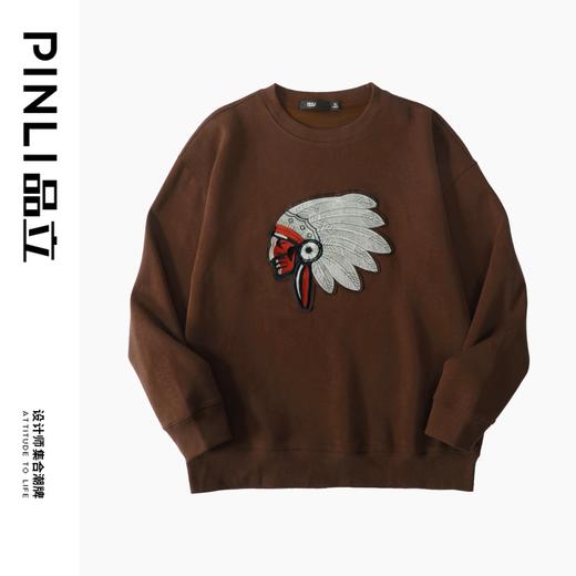 PINLI品立2024秋季新款男士休闲套头卫衣印第安人绣花宽松潮上衣BG243109009 商品图4