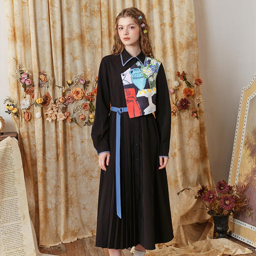 两三事梵高文艺诸神艺境2024秋季新款油画印花布拼接假两件连衣裙 商品图3