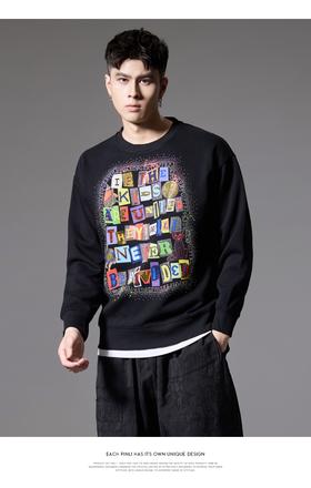 PINLI品立2024秋季新款字母烫钻圆领卫衣潮牌休闲百搭套头男上衣BG243109011