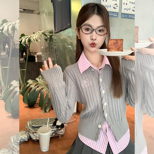 <曾小咸推荐>秋季叠穿一整套开衫+衬衫+半裙 商品图0