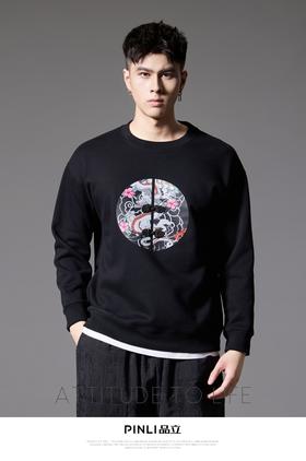PINLI品立2024秋季新款中国风盘扣装饰宽松卫衣男印花休闲潮上衣BG243109015