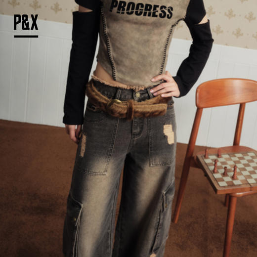 P&X设计师女装秋季新款工装做旧高街牛仔长裤 824310190 咖色 商品图2