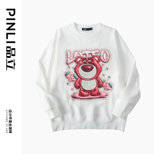 PINLI品立2024秋季新款男士潮牌休闲卫衣草莓熊烫钻宽松套头上衣BG243109013 商品图3