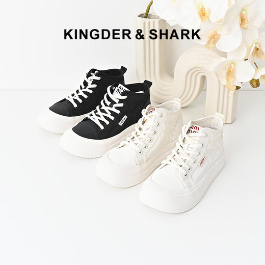经典鲨2024年冬新款百搭时尚高帮平底舒适系带休闲鞋板鞋女KW355-D37011 商品图0