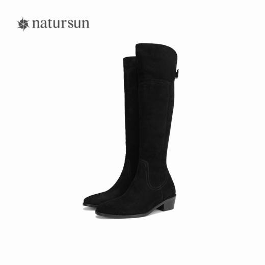 natursun绒面骑士靴秋冬季圆头高级长筒牛皮靴粗跟复古长靴女N24529309 商品图4