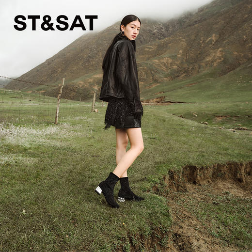 星期六时髦细闪水钻粗跟显瘦时装靴SSC4116346 商品图4