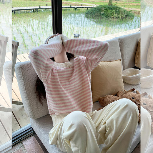 <曾小咸推荐>韩系减龄慵懒风粉色条纹毛衣 商品图0