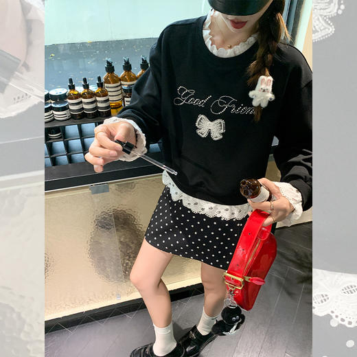 <曾小咸推荐>【现货】韩系甜美花边领黑色宽松显瘦卫衣女早秋新款百搭圆领上衣 商品图0