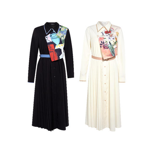 两三事梵高文艺诸神艺境2024秋季新款油画印花布拼接假两件连衣裙 商品图4