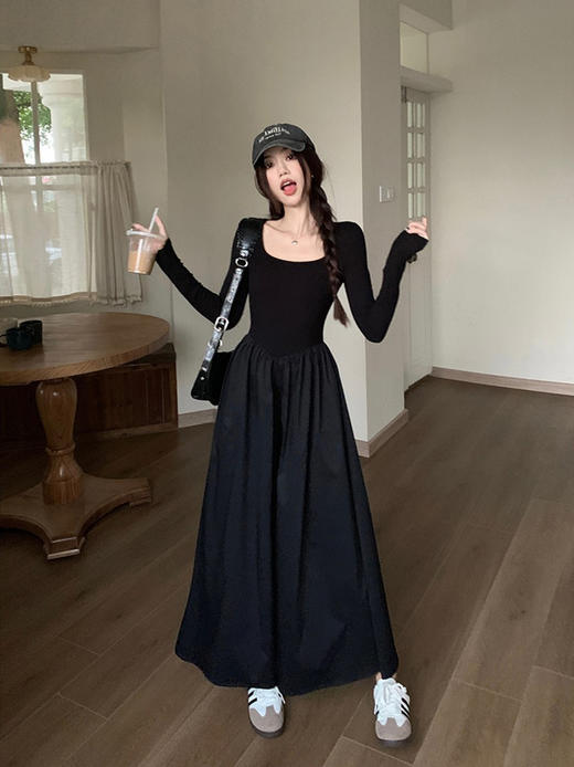 【赫本风法式方领长袖连衣裙】春秋高级感气质收腰内搭大摆打底长裙 商品图3