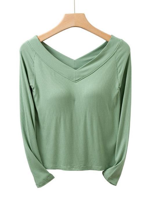 【罩杯一体式！双V齐腰打底】即是内衣又是打底衫，免穿文胸/无钢圈，前后V领，修身时尚百搭，一体式内搭服饰，女士大领口上衣带胸垫长袖t恤女L 商品图3