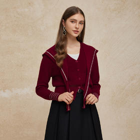 PG632斯尔丽2024秋季新款V领时尚拼色开衫外套可脱卸围巾式披肩针织