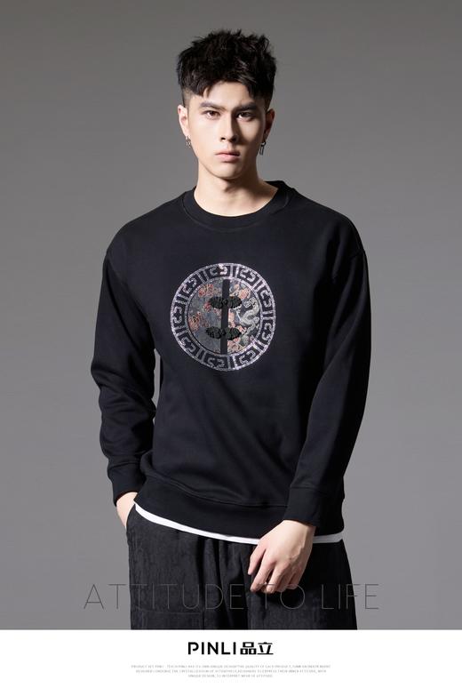 PINLI品立2024秋季新款贴布烫钻套头卫衣国潮盘扣宽松休闲男上衣BG243109008 商品图7