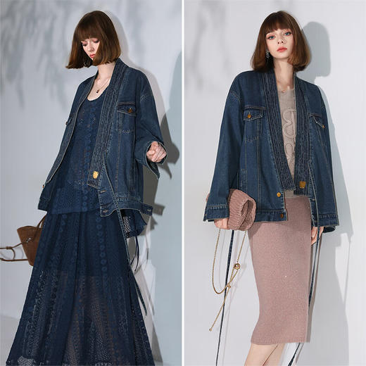 COCOBELLA重工绗线新中式牛仔外套女秋环保水洗廓形国风上衣DN7012 商品图1