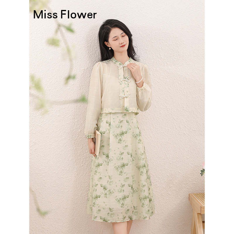 勿忘花绿色复古假两件改良旗袍连衣裙春季新款中式国风裙子