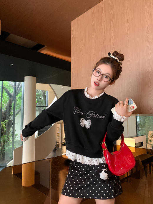 <曾小咸推荐>【现货】韩系甜美花边领黑色宽松显瘦卫衣女早秋新款百搭圆领上衣 商品图4