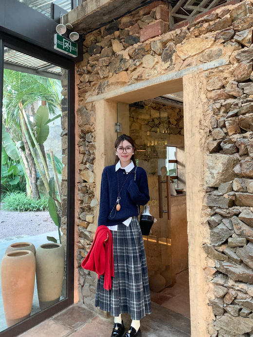 <曾小咸推荐>简约韩系百搭格纹百褶半身裙女秋季新款高腰显瘦小个子长裙 商品图4