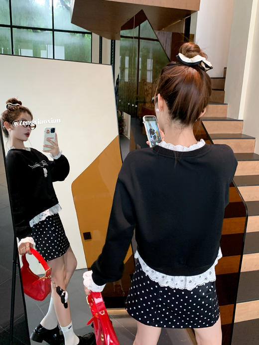 <曾小咸推荐>【现货】韩系甜美花边领黑色宽松显瘦卫衣女早秋新款百搭圆领上衣 商品图1