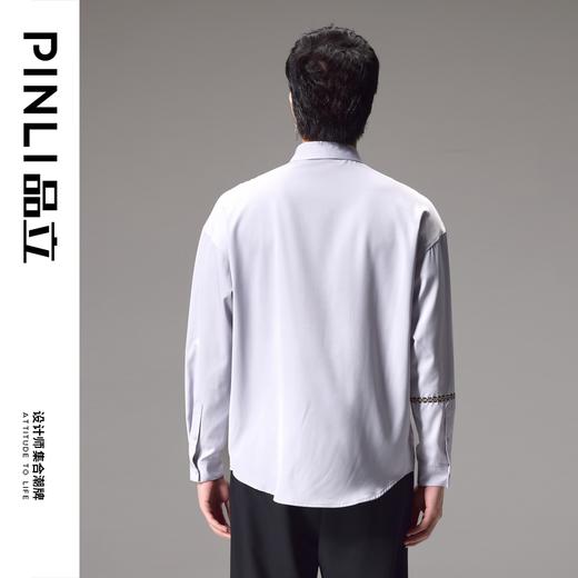 PINLI品立2024秋季新款锁链织带长袖衬衫男士不规则宽松休闲衬衣B243113011 商品图2