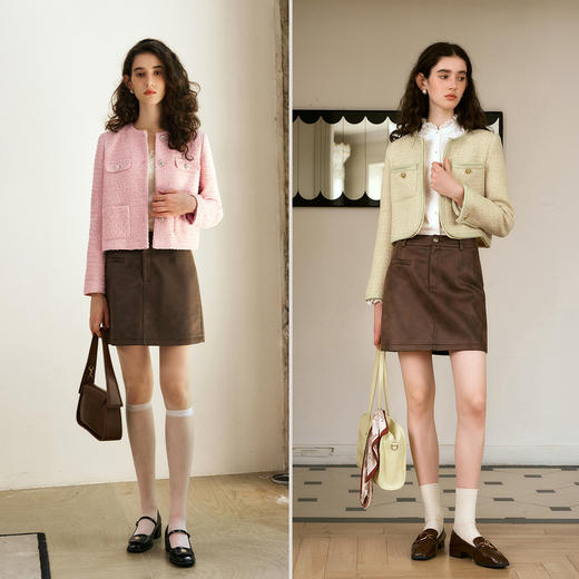 
OLrain欧芮儿摩卡色半身裙女秋季2024年新款复古麂皮印染A字短裙 商品图1