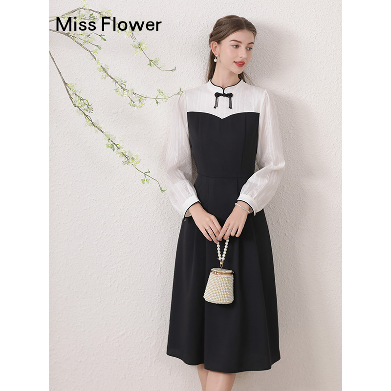 勿忘花黑色新中式改良旗袍连衣裙女装2024秋季新款气质假两件裙子