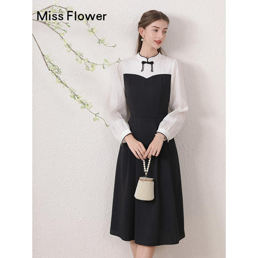 勿忘花黑色新中式改良旗袍连衣裙女装2024秋季新款气质假两件裙子 商品图0