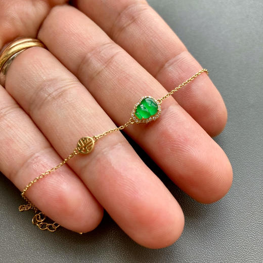 高冰种阳绿翡翠葫芦手链18k黄金钻石镶嵌 商品图8