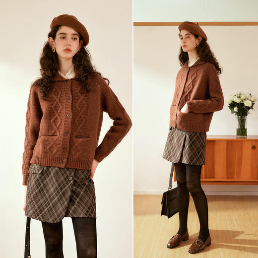 OLrain欧芮儿法式焦糖色毛衣女秋季2024年新款复古麻花毛织开衫 商品图2