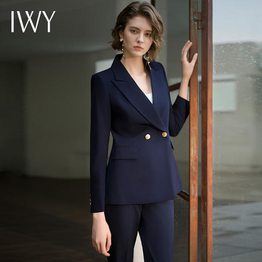 IWY/藏青色长款西装微喇裤职场两件套气质*干练公务员职业C13316+P31356  商品图2