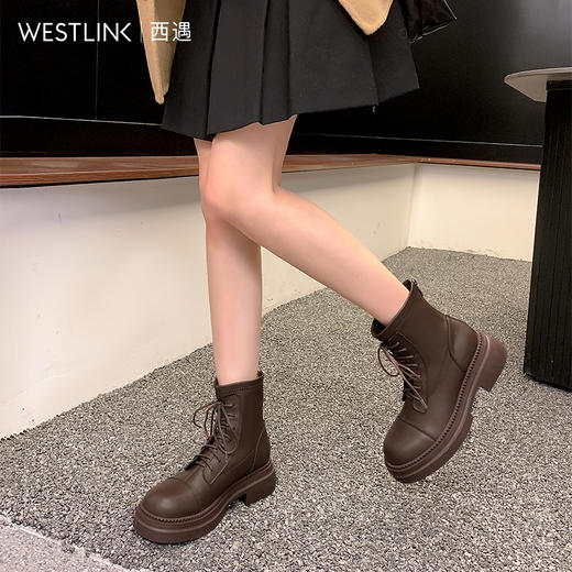 西遇显脚小马丁靴女新款秋冬英伦黑色百搭系带厚底短靴瘦瘦靴SS248565 商品图2