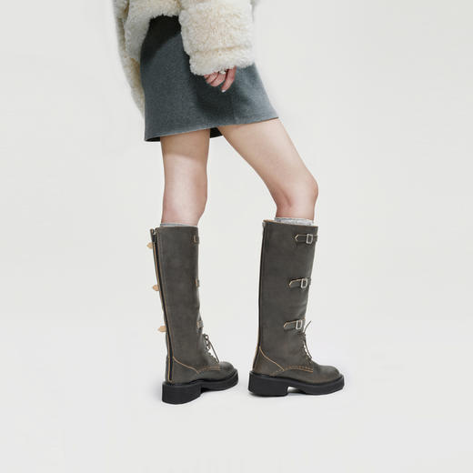 lost in echo2024秋冬新款美拉德圆头宽筒绑带棕色长筒靴骑士靴女 商品图4