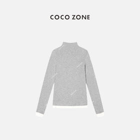 COCO ZONE 春秋款小立领长袖上衣袖口拼接圆领打底衫T恤 23C19559