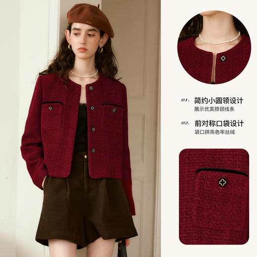 OLrain欧芮儿红色小香风短外套女秋季2024年新款通勤复古圆领上衣 商品图2
