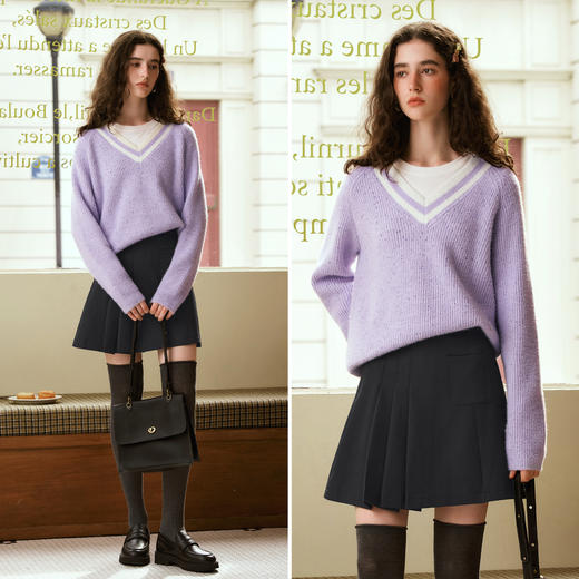 OLrain欧芮儿法式V领毛衣女冬季2024年新款慵懒风宽松针织套头衫 商品图1