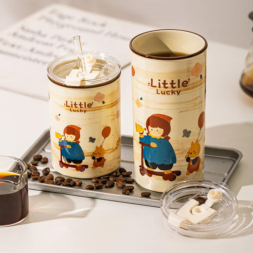 摩登主妇咖啡杯精致陶瓷杯可爱家用水杯创意杯子女生高颜值吸管杯 商品图1