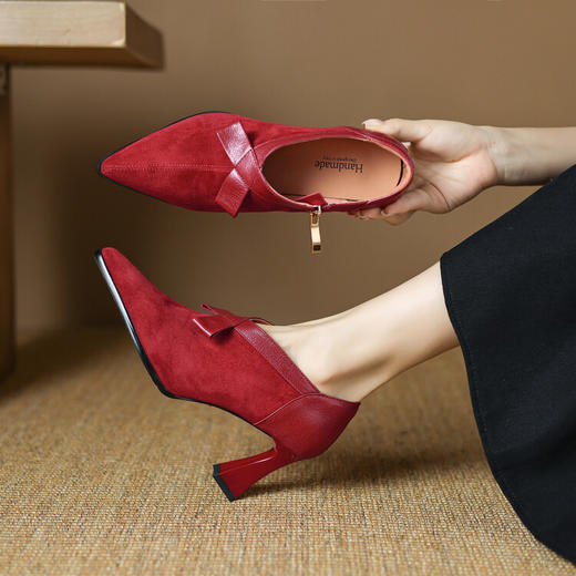 【预售5天】羊反皮女鞋秋冬季新款鞋子尖头粗跟高跟鞋磨砂窝窝鞋裸靴深口单鞋LD&6880 商品图0