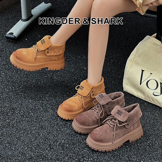 经典鲨2024年冬新款百搭圆头时尚渐变潮流平底两穿马丁靴女KW356-D58011 商品图0