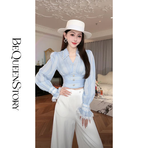 BeQueenStory【初吻玫瑰】设计感蕾丝花边烫钻收腰蓝色条纹衬衫 商品图2