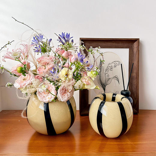 复古手工玻璃花瓶黑色条纹苹果圆形软装家居饰品摆件 商品图2