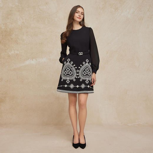 PG806斯尔丽24新款浪漫优雅撞色立体盘绣工艺收腰A摆长袖轻礼服连衣裙 商品图3