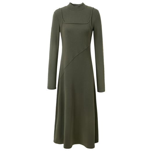 三彩2024冬季新款假两件连衣裙半高领收腰A字裙中长修身设计感女M 商品图4