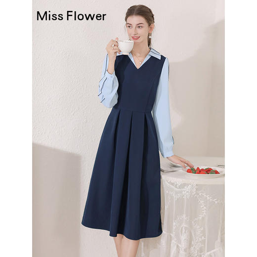 勿忘花蓝色法式假两件长袖连衣裙女2024秋季新款气质高腰修身裙子 商品图2